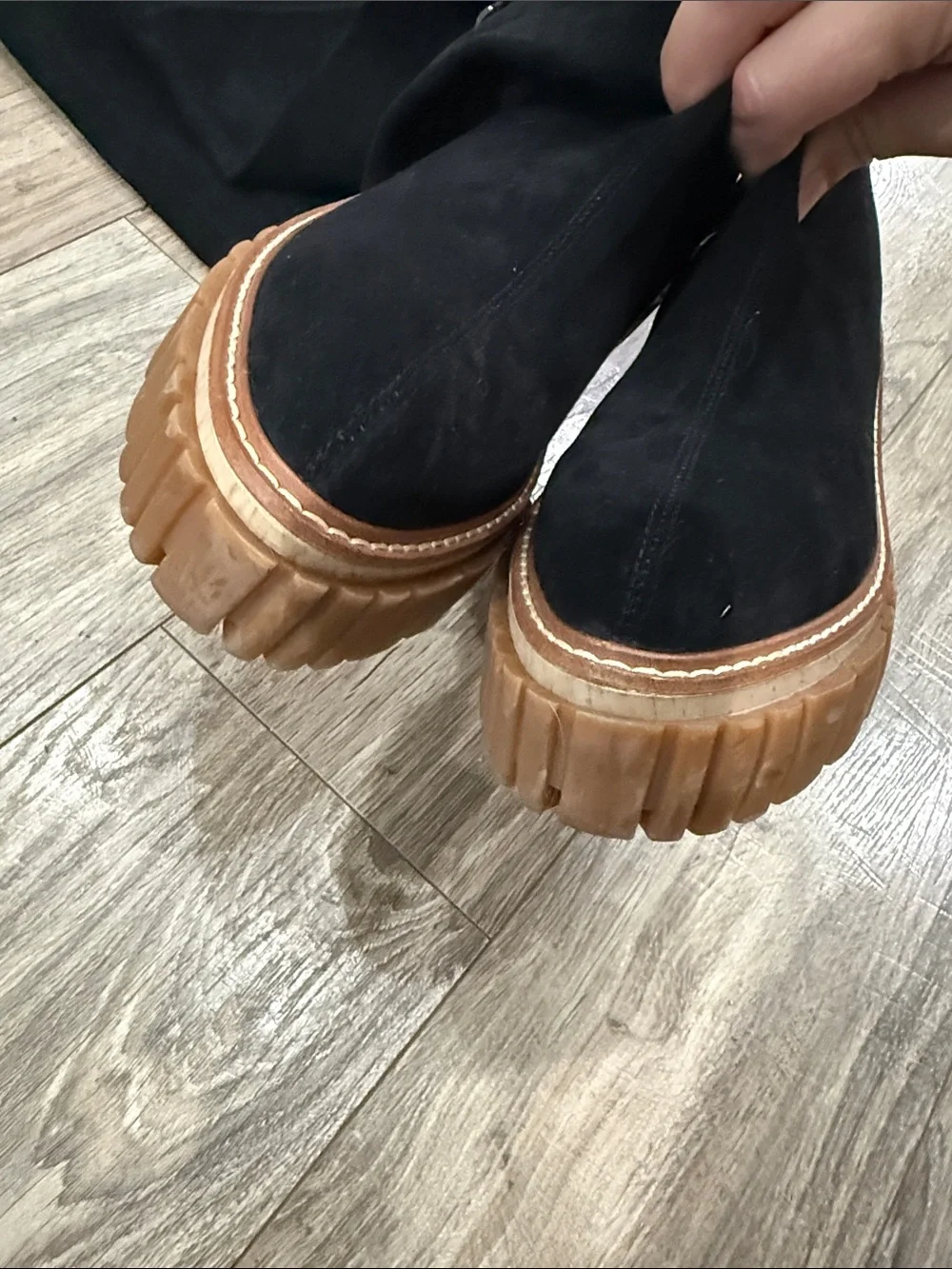 Stella McCartney Black Over-the-Knee Suede-Look Boots with Tan Lug Sole sz 38